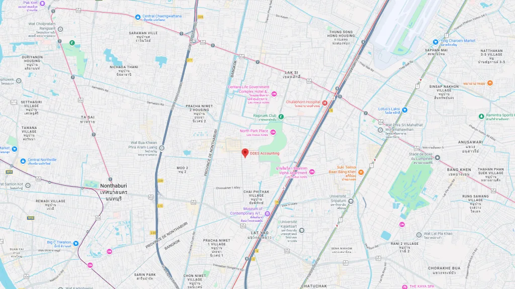 “Map showing the northern area of Bangkok and Nonthaburi, highlighting roads, districts, transit lines, and a marker indicating the location of ‘DDES Accounting’ near Chai Phatthana Village and Rajpruek Club.